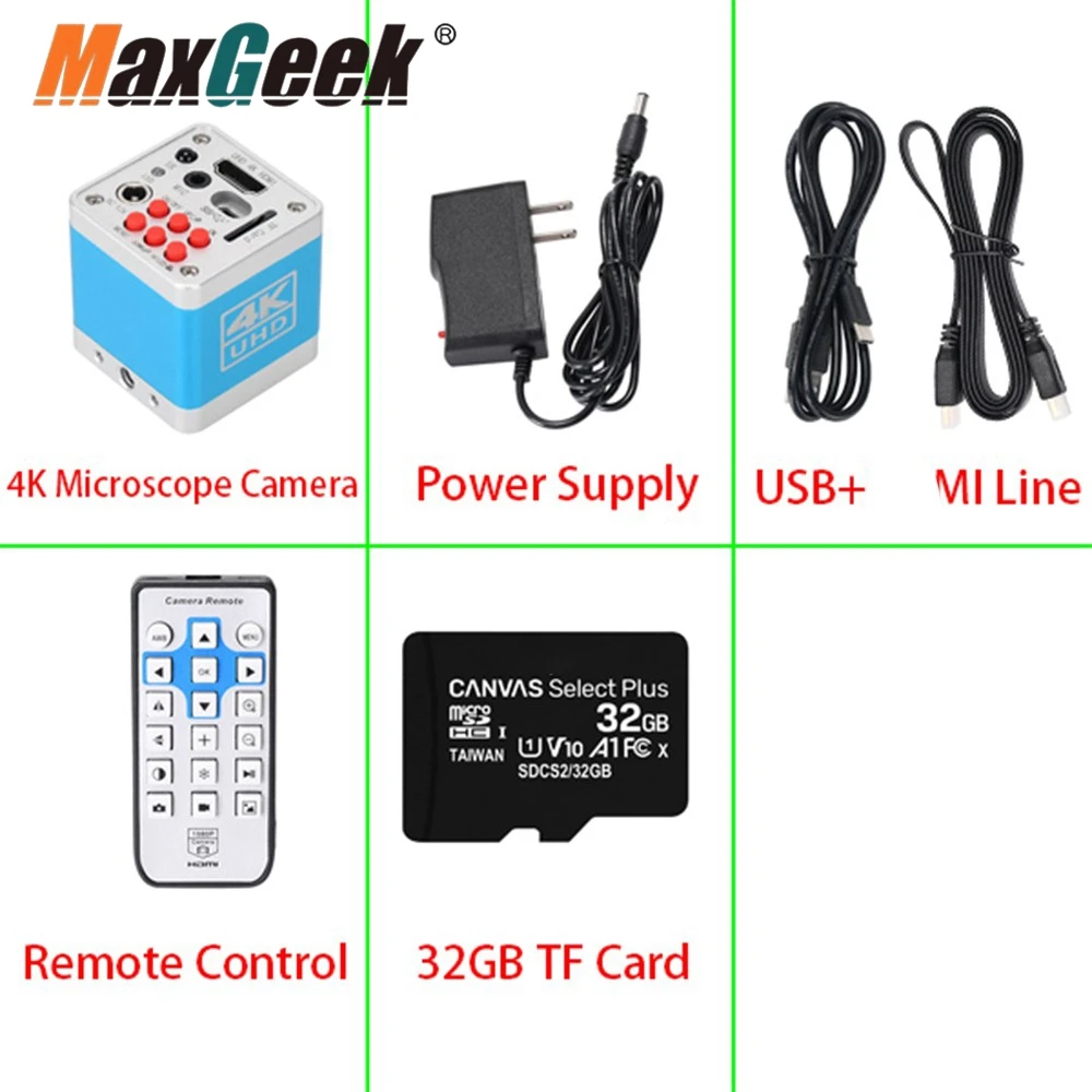 Maxgeek HAYEAR HY-6110 4K UHD 디지털 현미경 카메라, HDMI 호환 카메라, USB 산업용 전자 카메라, 32G TF 카드 포함