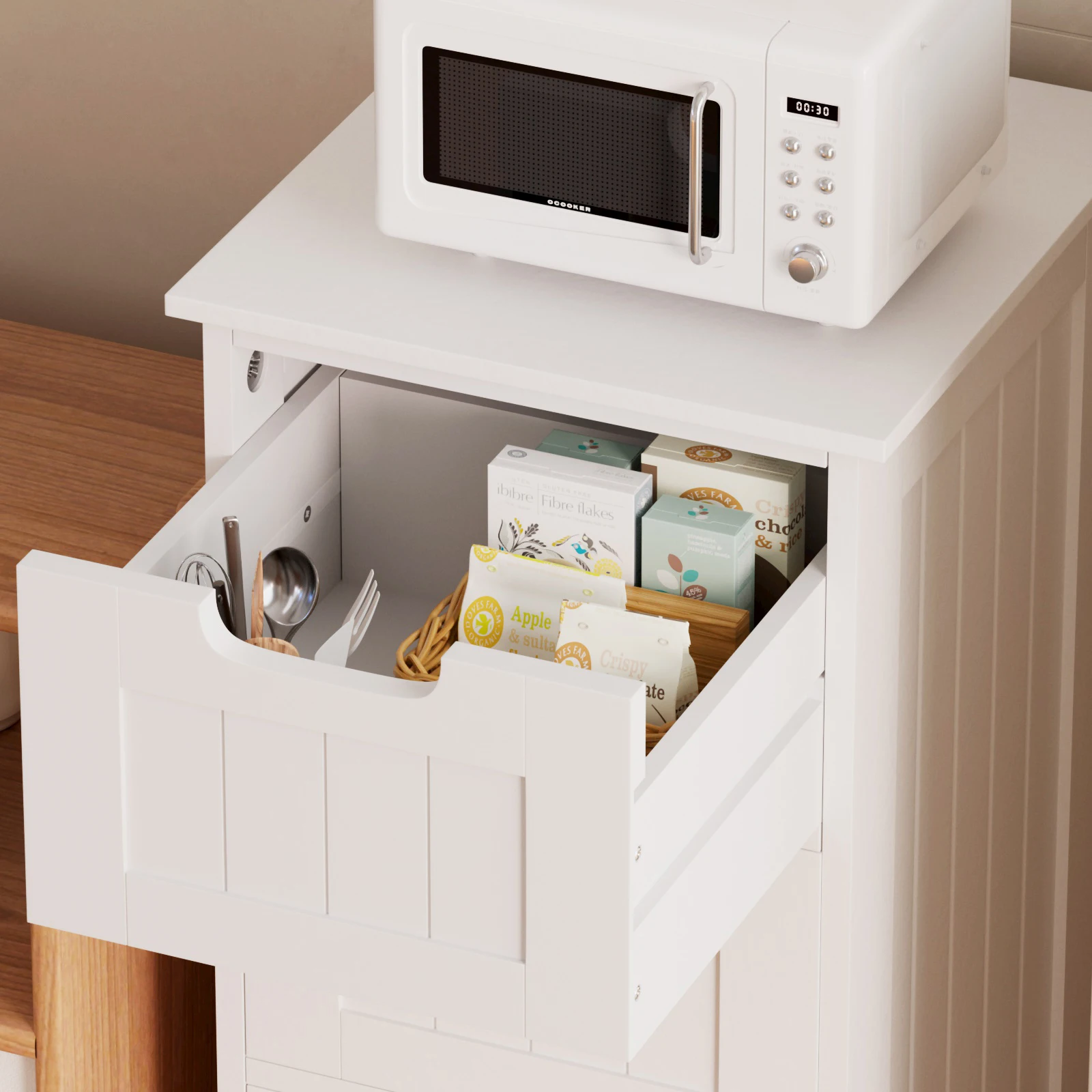 Kommode mit 4 Schubladen, weißer bodenstehender Badezimmer-Aufbewahrungsschrank, Aufbewahrungsschrank aus Holz, Kommode, Organizer-Einheit, MDF – Detail 5