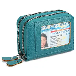 Elegant RFID Blocking Leather Wallet with Double Zipper and ID Window (A - Blue)