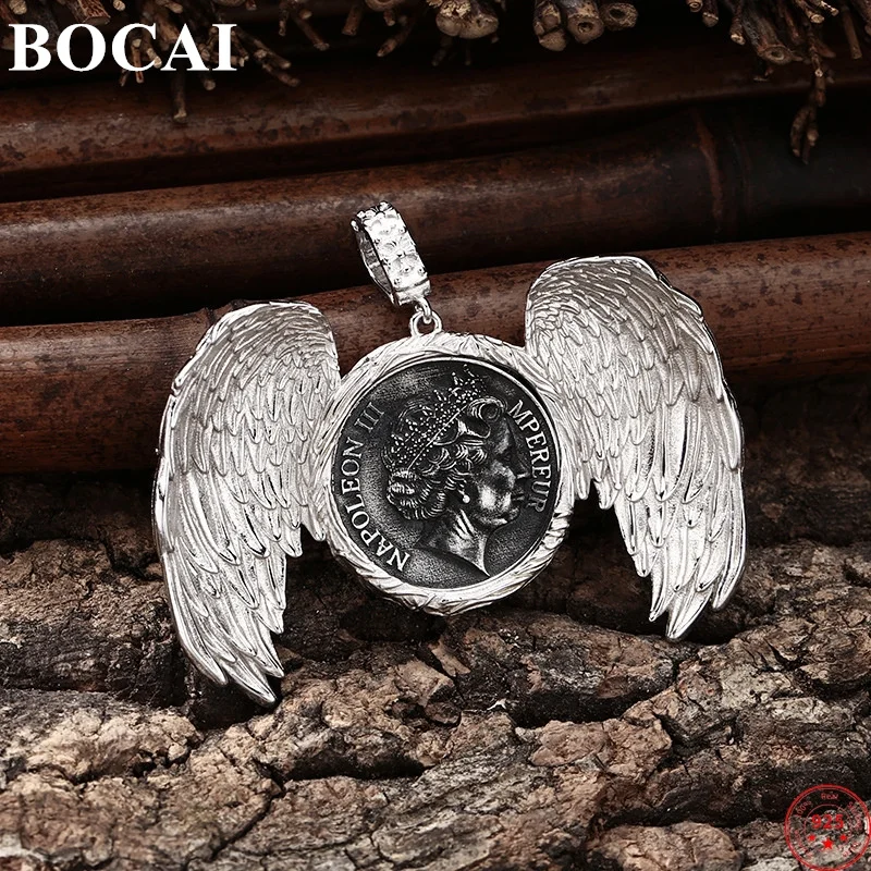 

BOCAI S925 Sterling Silver Pendants for Women Men New Vintage Queen's Head Sculpture Angel Wings Cross Jewelry Free Shipping