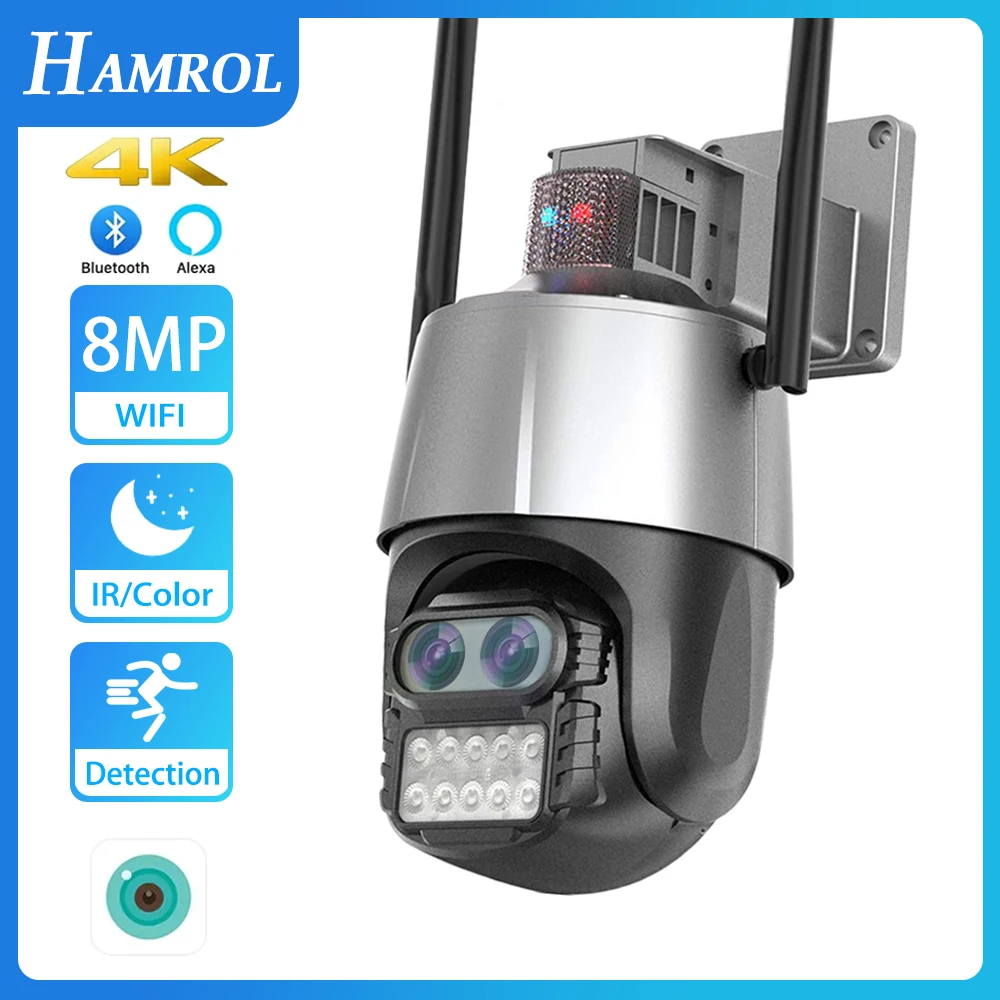 HAMROL 8MP 4K Wifi Camera Outdoor 5X Zoom Alarm Dual Lens Motion Detection PTZ IP Camera Two Way Audio NightVision CCTV Camera