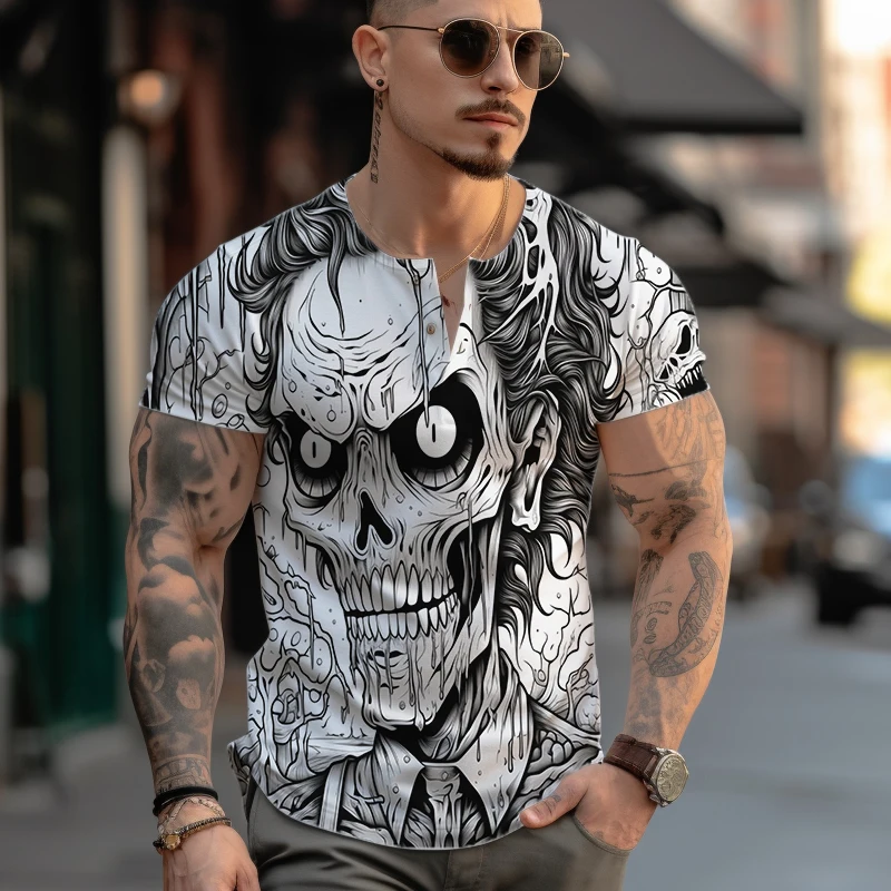 

Men's Horror 3D Printed T-shirt Loose Casual Large Size Short Sleeve T-shirt Street Fashion T-shirt Summer Simple Button T-shirt
