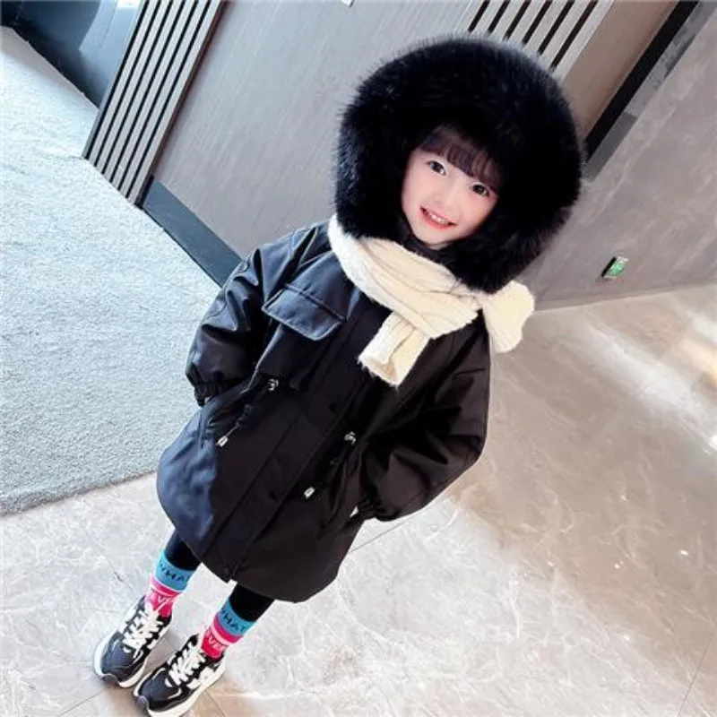 

2023 Fashion 3-12Years Winter Warm Babys Girls Long Hooded Jacket Plush Lining Heavy Hooded Kids Cotton Coat Children Outerwear