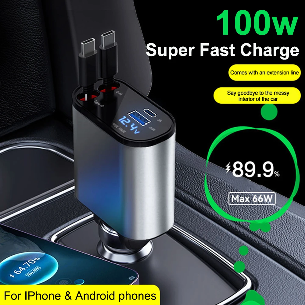 

100W Car Charger PD+USB Quick Charger With 2 Retractable Cables Type C Fast Car Charger Voltmeter 4 in 1 Power For IPhone Huawei