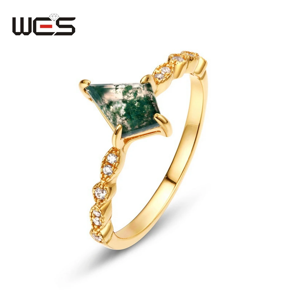 WES 100% 925 Sterling Silver Natural 6*9mm Moss Agate Rings For Woman Party Christmas Gift Anniversary Certified Fine Jewelry