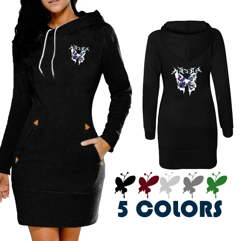 

Women's Fashionable Butterfly Print Hooded Dress Spring Big Pocket Sweatshirt Korean Pop Hoody Casual Long Tops Pullover