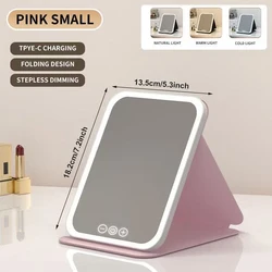 Portable LED Vanity Mirror with Adjustable Brightness and USB Charging | Foldable Travel and Home Essential - ABS (Pink Small)