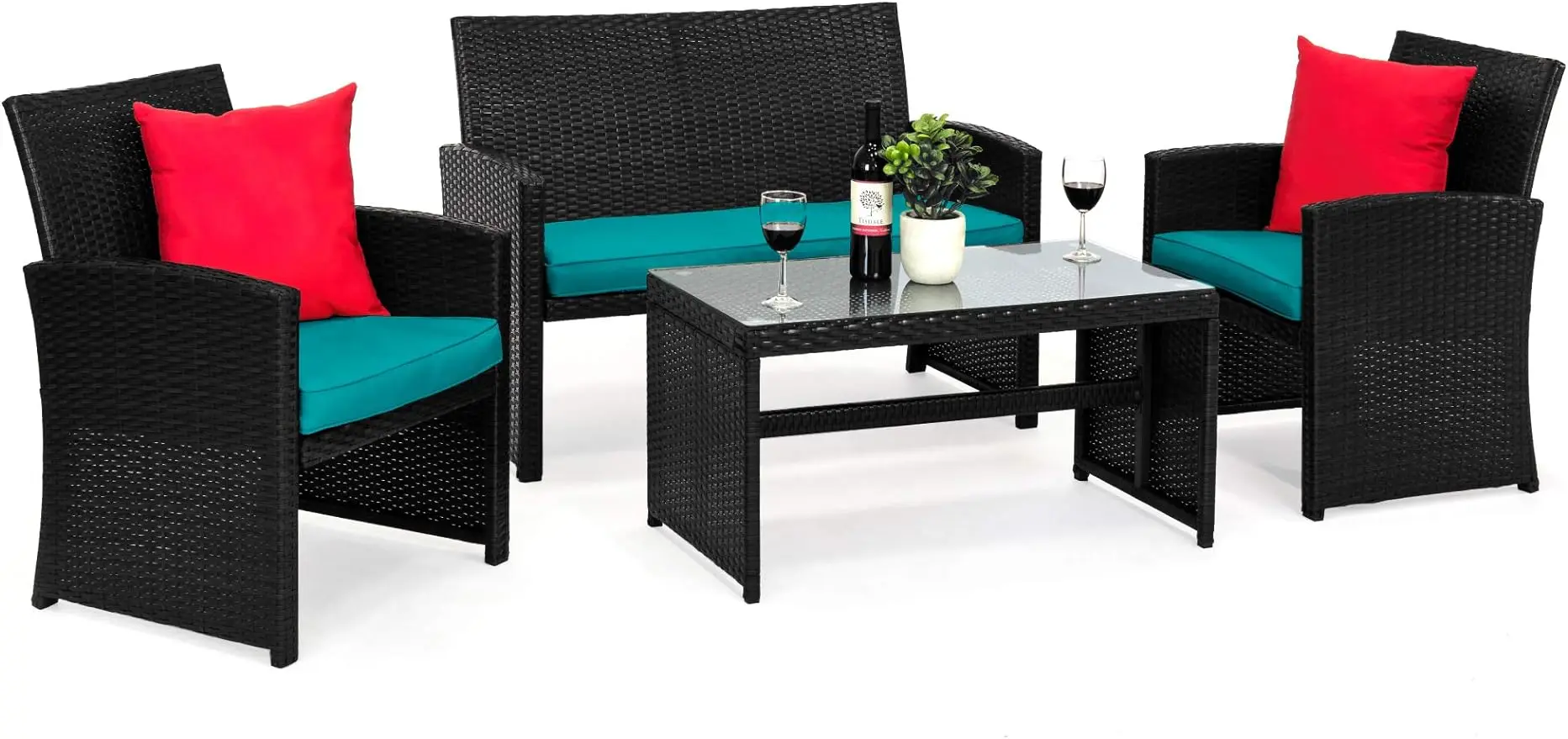 

4-Piece Outdoor Wicker Patio Conversation Furniture Set for Backyard, Deck, Poolside w/Coffee Table, Seat Cushions