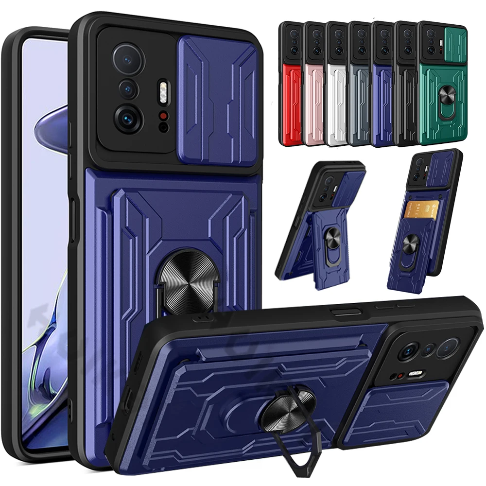 Detachable Card Holder Phone Case For Xiaomi 11T 11 Pro Redmi Note 11 10 Poco X3 Pro Max Slide Stand Kickstand Ring Camera Cover