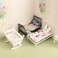1Set 1:12 Dollhouse Miniature Iron European Bed Cradle Bed With Mattress Cushion Hanging Model Toys Furniture Bedroom Decor Toy 1