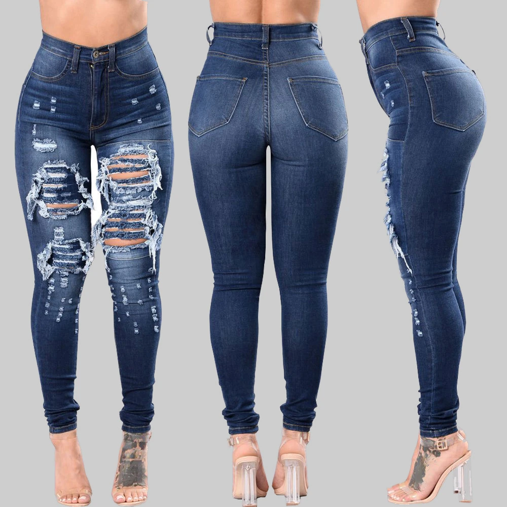 Sexy Hollow Out Skinny Hips Ripped Denim Trousers Ladies Jeans Women's Clothing