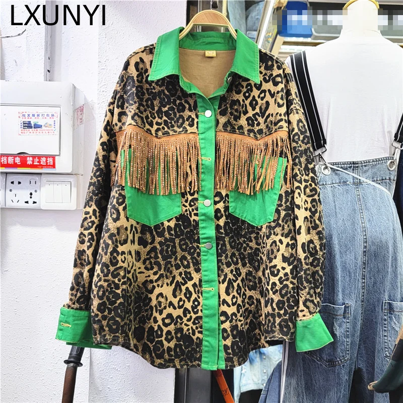 

LXUNYI Leopard Print Fashion Medium Long Shirt Women Fashion 2023 Vintage Tassels Contrast Personality Patchwork Loose Top