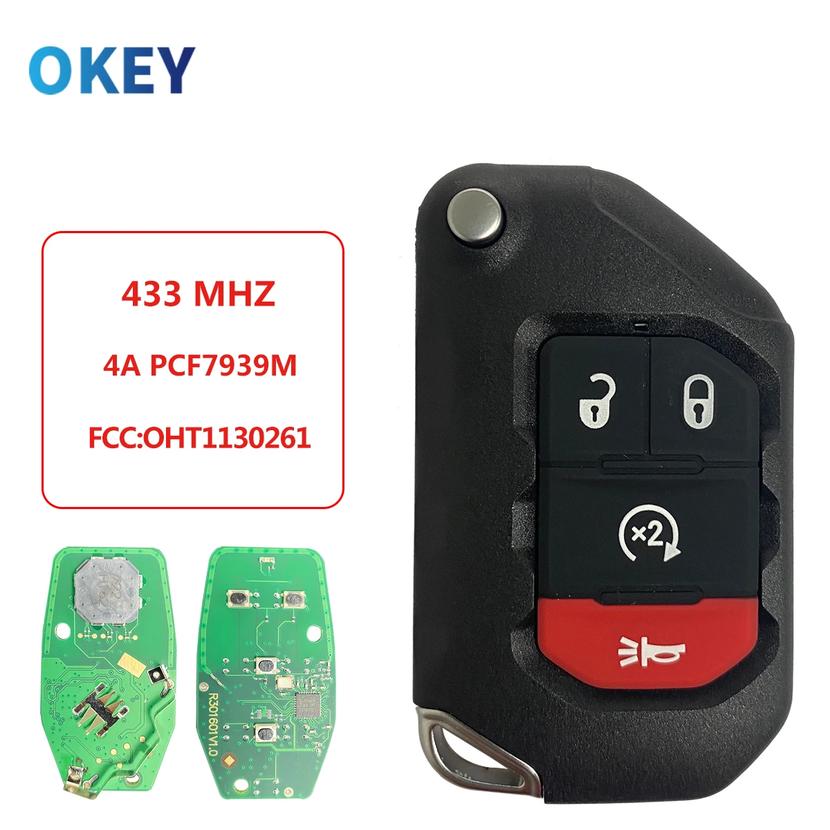 Okey Remote Control Car Key For Jeep Wrangler 2018 2019 FCC OHT1130261 4A PCF7939M 433MHz Flip Keyless Promixity Card