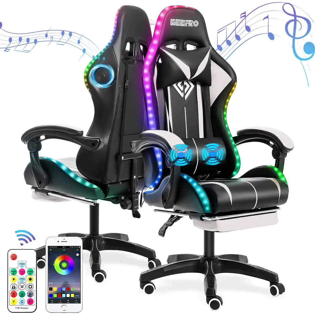 135 Degrees Gaming Chair RGB Light Office Chair Gamer Computer Chair Ergonomic Swivel 2 Point Massage Recliner Bluetooth Speaker 