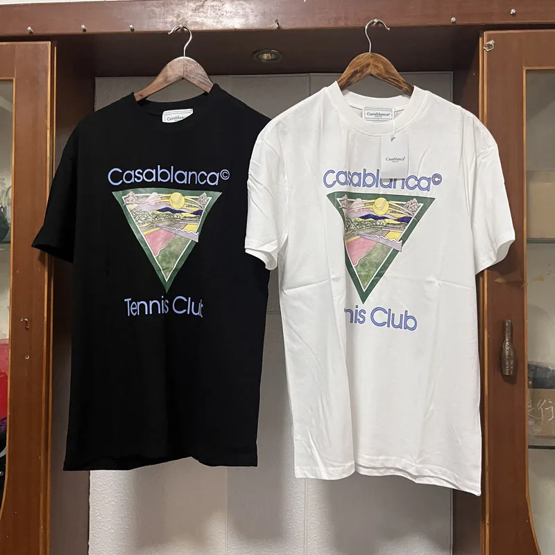 

Real Photo Casablanca T Shirt Men Women All-match Tennis Racket Letter Printed American Streetwear Fashion Casual Couple Top Tee