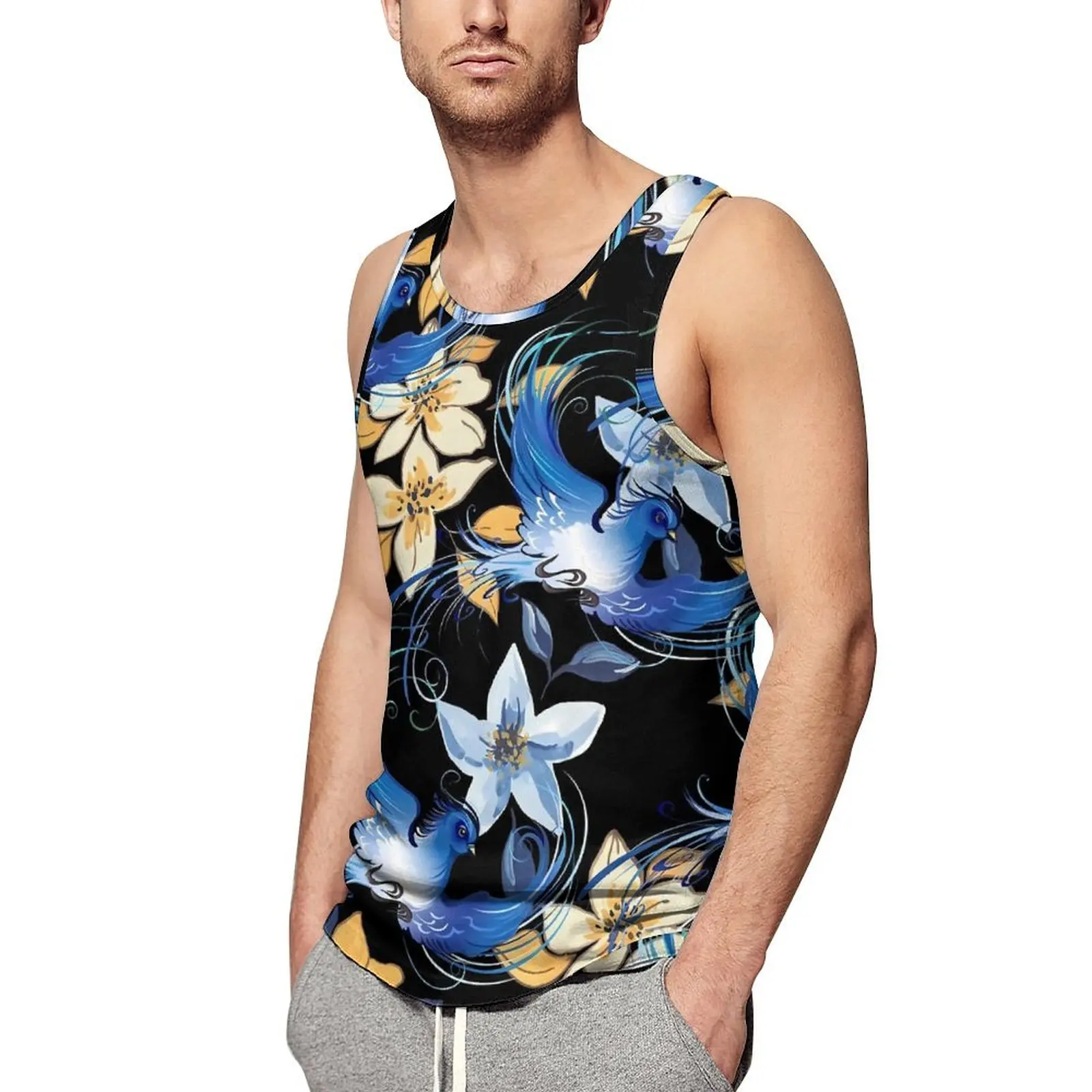 

Майка мужская летняя с цветочным принтом, уличная одежда, дизайнерская рубашка без рукавов, синяя с птицами, большие размеры