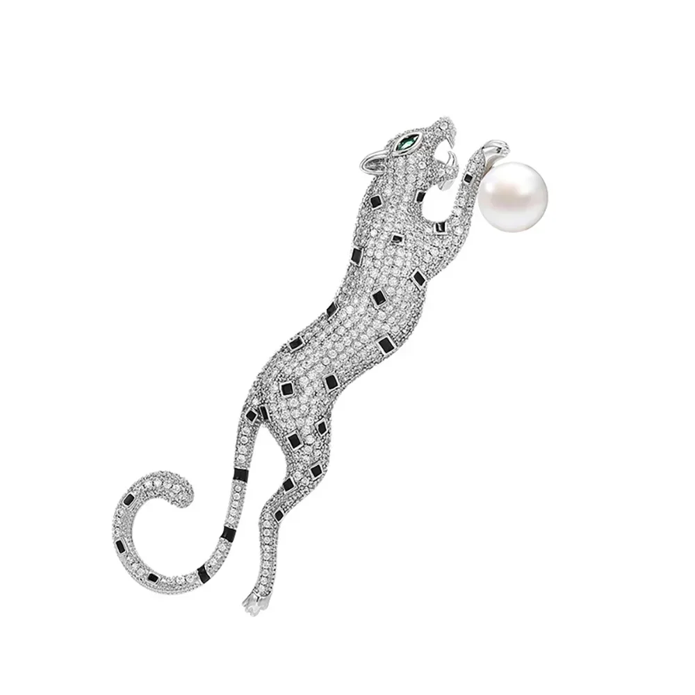Elegant Gold Brooches Women Leopard Fine Imitation Pearl Rhinestone Animal Brooch Pin Unisex Clothing Luxury Designer Jewelry