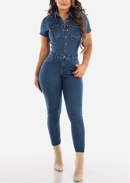 Jeans Stretch Overalls Sexy Women Turn Down Collar Elegant Blue Denim  Casual Jumpsuit Rompers - AliExpress