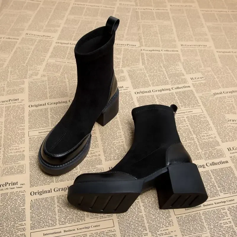 

Short Shoes for Woman Black Women's Ankle Boots Sock Footwear Combat Booties Very High Heels Suede Punk Style Heeled Autumn Boot
