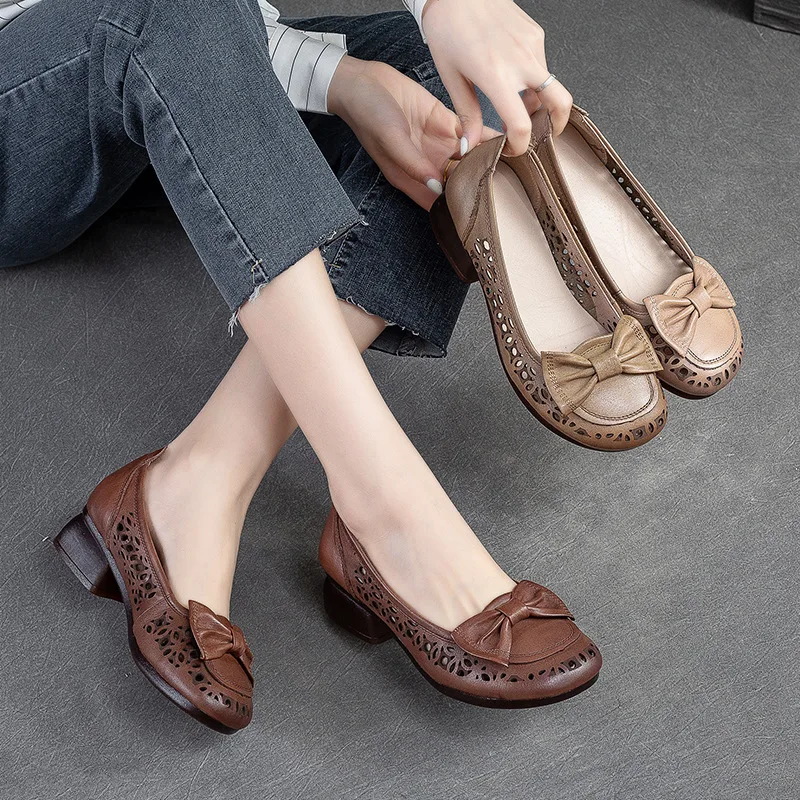 

2023 Summer Fashion Ladies Shoes Hollow Women Casual Med High Heels Tenis Feminino Genuine Leather Sandals Plus Size