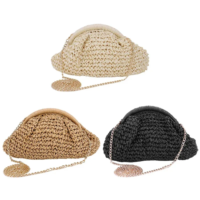 Women Straw Woven Bag Chain Strap Fashion Shoulder Bag Large Capacity Weaving Satchel Solid Color for Party Vacation