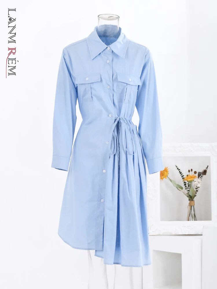 

LANMREM Fashion Blue Irregular Dress Women Lapel Long Sleeves Lace-up Single Breasted Dresses 2024 Spring New Clothing CP1964