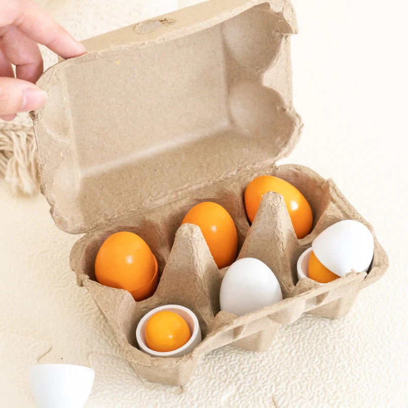 6 pieces simulated wooden egg toy set for children pretending to play with food egg yolk kitchen food children's toys