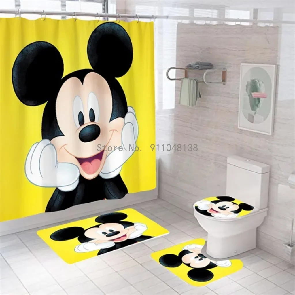 4pcs Disney Mickey Mouse Print Shower Curtain Carpet Colorful Toilet Cover Bath Mat Rug Pad Set Bathroom Curtain Hooks
