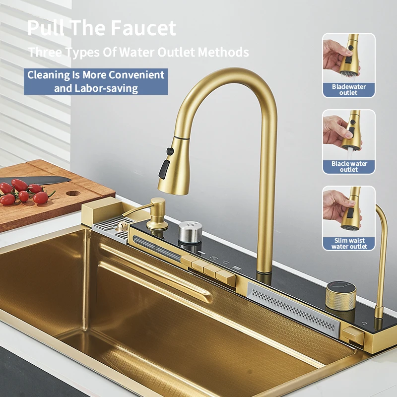 Golden Smart Digital Display Integrated Kitchen Sink Set Temperature Control Waterfall Water Purifier Soap Dispenser Cup Washer