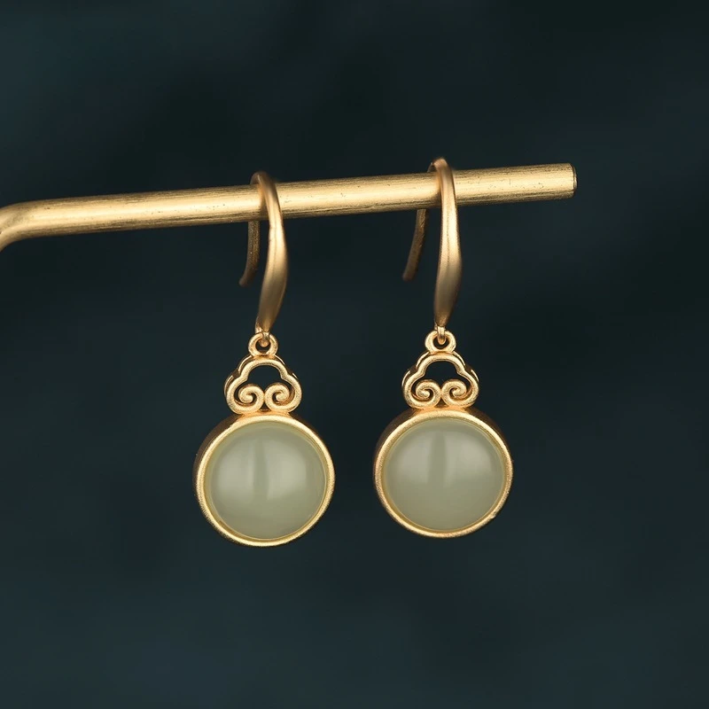 

Retro Style Design Earrings for Women Inlaid with Hotan Jade Earrings Agate Vintage Temperament Earrings Wholesale