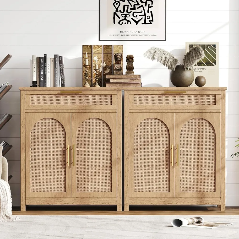 Set of 2 Rattan Accent Storage Cabinet, Floor Cabinet 4 Doors, Bathroom Storage Cabinet Large Drawer, Sideboard Buffet
