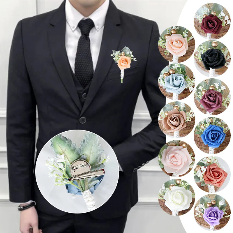 Broches de Corsage de mariage à fleurs coréennes, boutons, blanc, rose, pour marié, accessoires pour homme, témoin de mariage