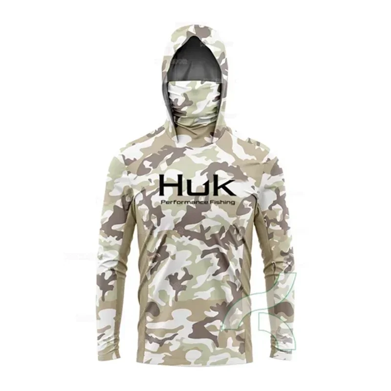 HUK Fishing Shirt Long Sleeve Anti-UV Hooded With Face Mask Seam Sealing Tape