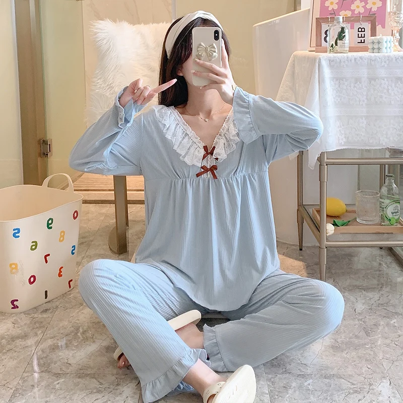 2024 New Spring and Autumn Suit Pajamas Women's Combed Knitted Cotton Sweet Lovely Lotus Leaf Lace Casual Women's Home Wear