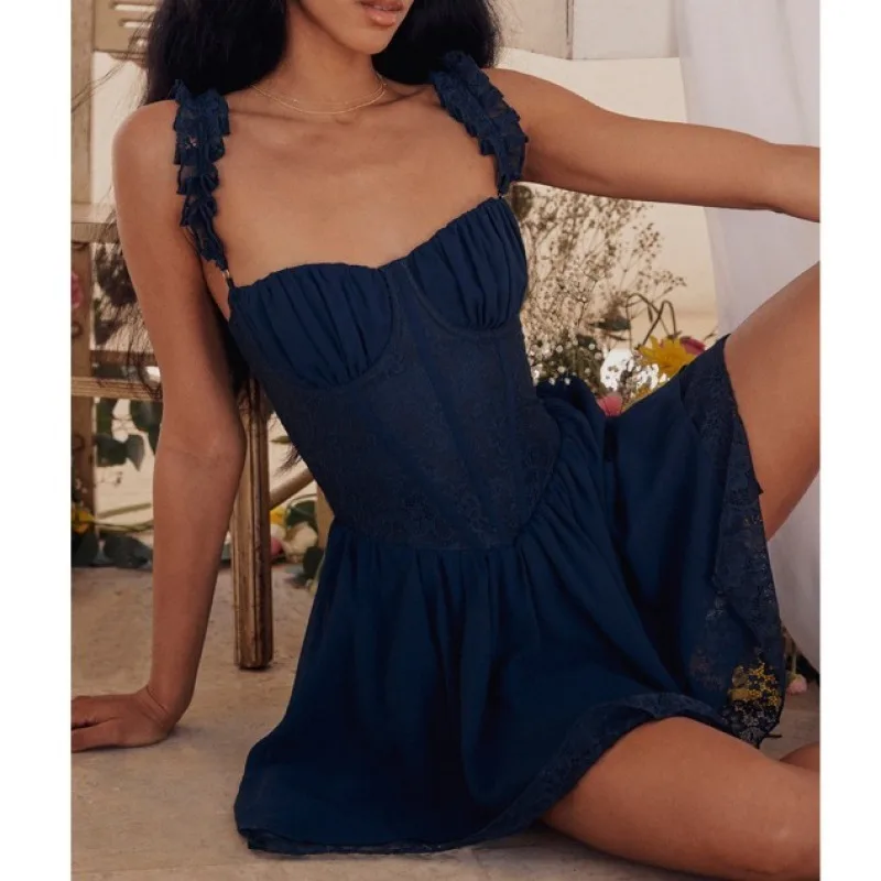 

Sexy Lace Spaghetti Strap Ruffle Dresses Navy Blue Women Dress Sleeveless Slim Irregularity High Waist Gowns 2023 Summer Outfits