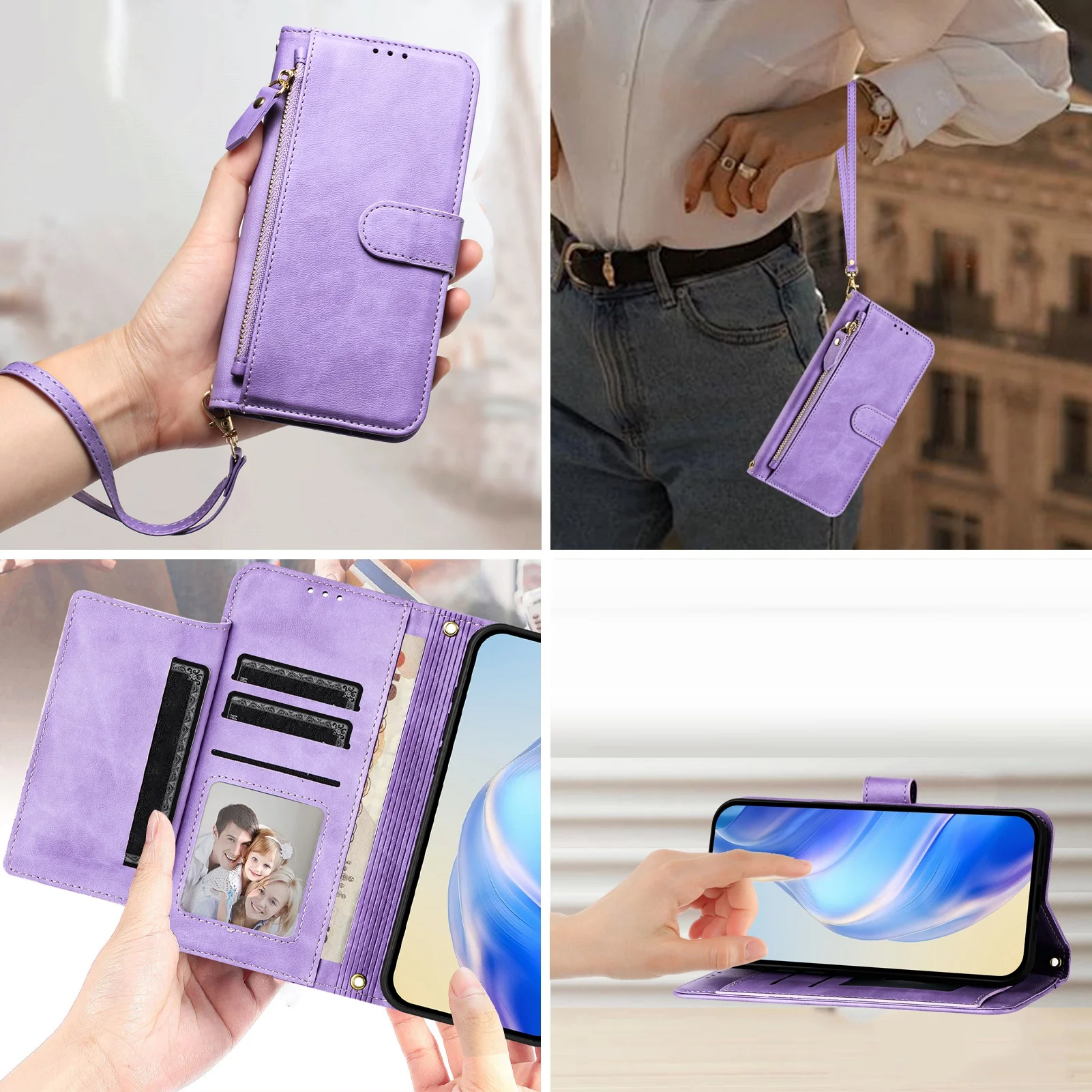 Leather Phone Wallet Case with Strap and Zipper - Flip Cover Design