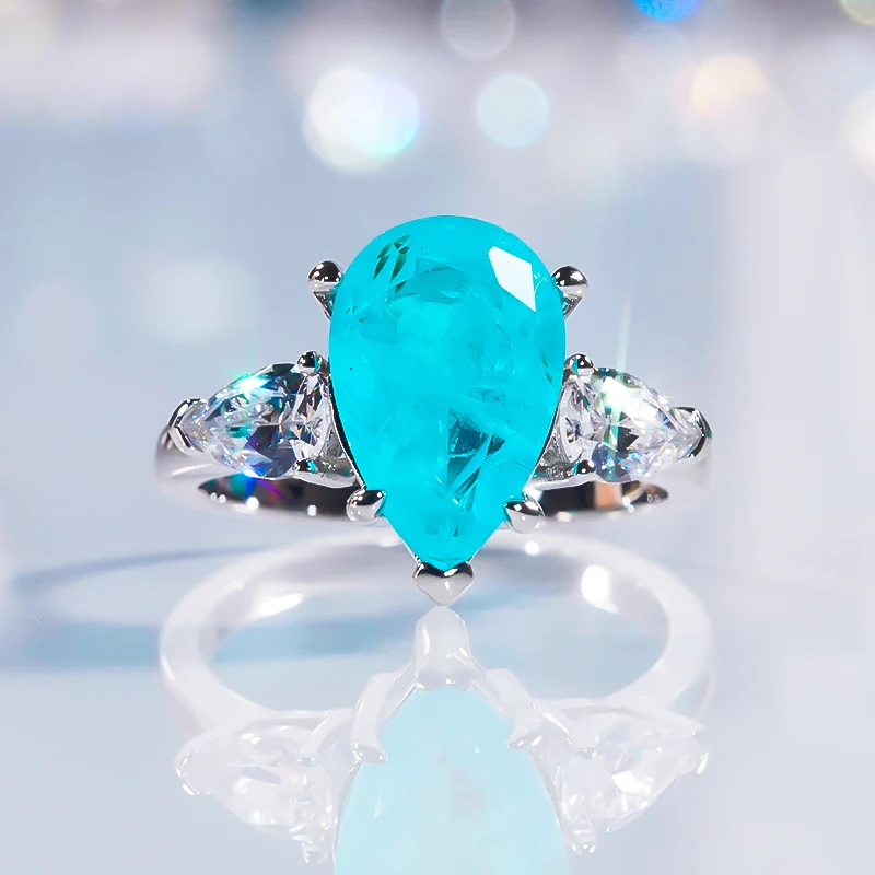 

Luxury Paraiba Tourmaline Ring S925 Sterling Silver Ring Egg Water Drop Shaped Stone Fine Jewelry Wedding Party for Women Gift