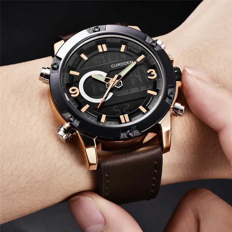 Men Original CURDDEN Brand Chronograph Watches Fashion Leather Dual Time Multi-function Sports Watch Montres de Marque de Luxe