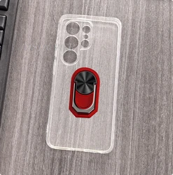Premium Soft Silicone Case with Back Ring Holder for Doogee Note 56X (Transparent C Red)