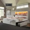 King Size Bed Frame Wooden Platform Beds with 51.2" Storage LED Bookcase Headboard, 4 Storage Drawers, King Size Bed Frame 1