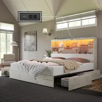 King Size Bed Frame Wooden Platform Beds with 51.2" Storage LED Bookcase Headboard, 4 Storage Drawers, King Size Bed Frame 1