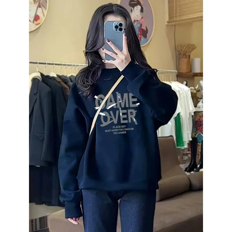 Autumn and Winter Women's Crew Neck Long Sleeves Printing Loose Pullovers Korean Hoodies Fashion Casual All Match Tops