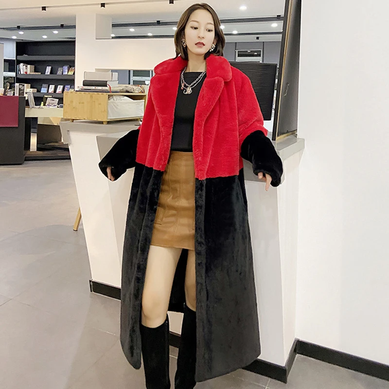 

X-Long Winter Fur Coat Women Warm Parkas Jacket Fashion Stitching Color Loose Thick Faux Fur Coat Women Oversized Jacket 5XL