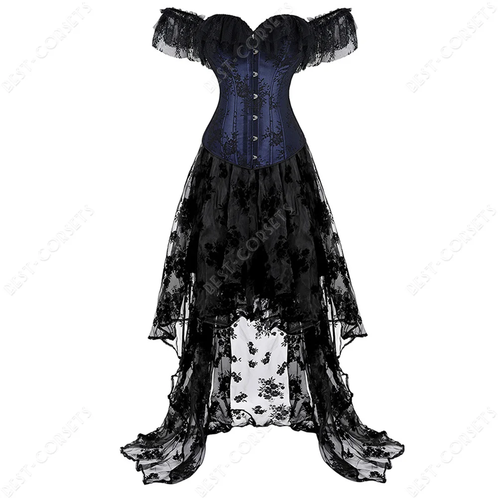 Victorian Corset Dress Costume Women Sexy Lace-Up Corset With Sleeves Floral Steampunk Corset Bustier Dress Plus Size