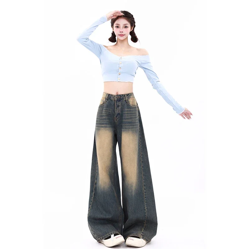 

Vintage Blue High Waist Women Jeans HarajukuFashion Streetwear Wide Leg Jean Female Winter Trouser Straight Baggy Denim Pants