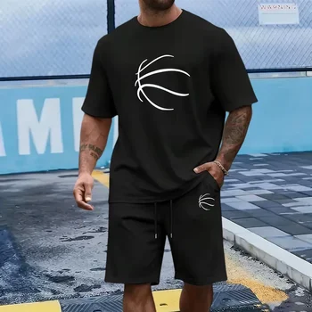 Completo da uomo con motivo basket, t-shirt girocollo e pantaloncini sportivi, tuta estiva casual da jogging, outfit a maniche corte da uomo