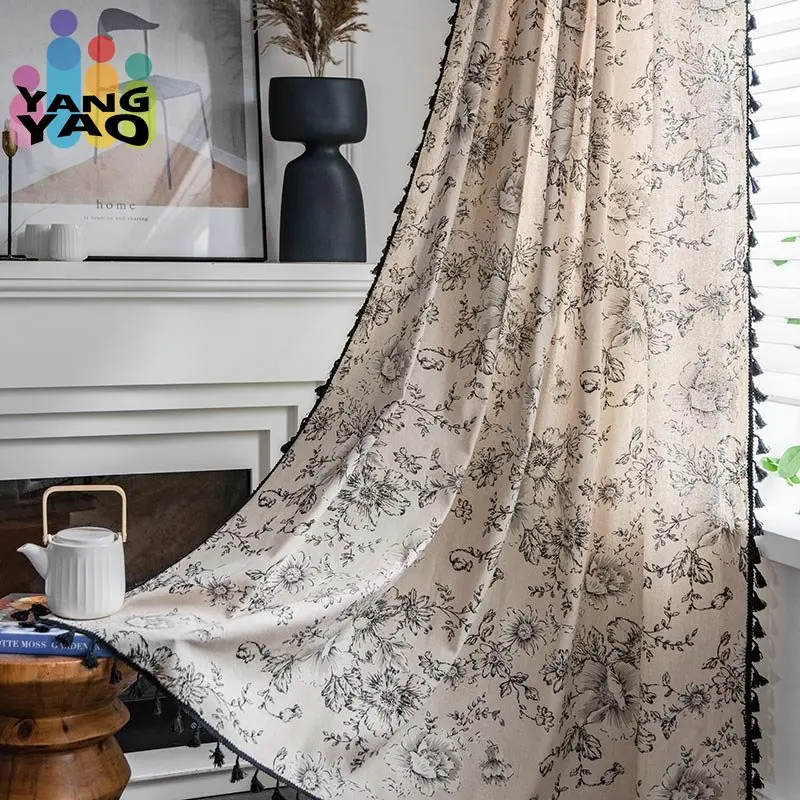 

Pastoral Style Cotton Curtains Rod Pocket Black Floral Curtains Valance For Living Room Bedroom Coffee Shop Office
