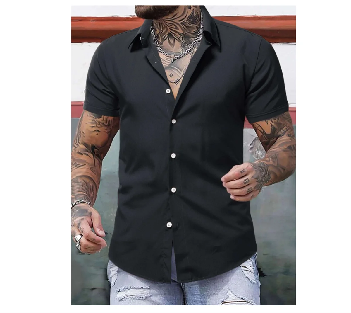 Men's Hawaiian shirt solid color lapel short sleeved shirt summer vacation casual men's street comfortable soft clothing