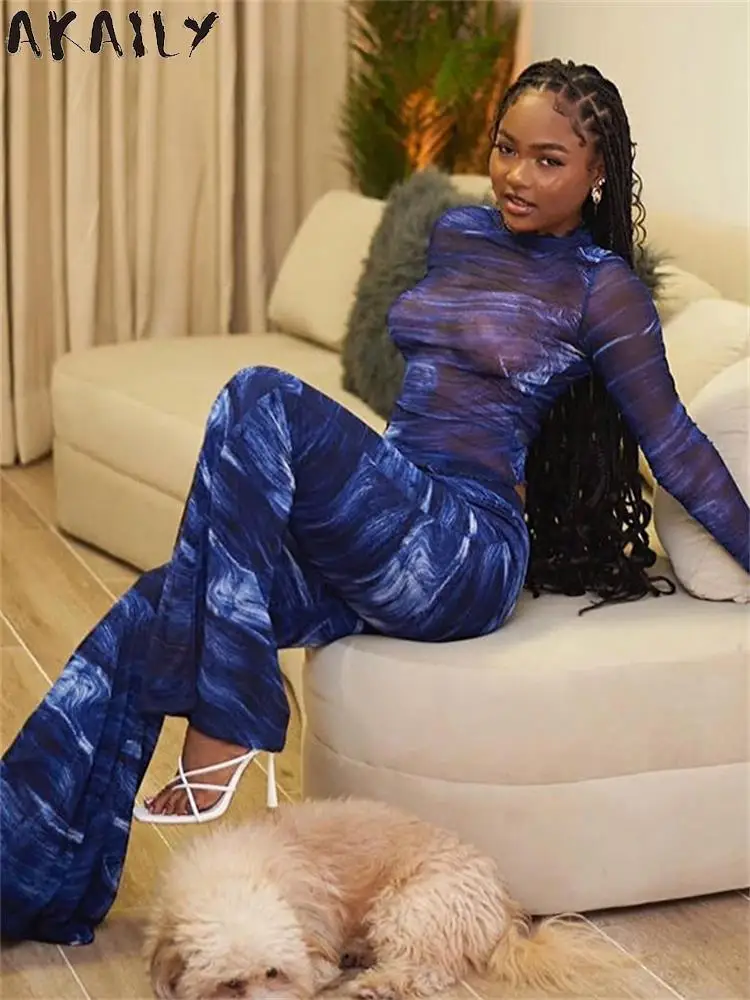 

Akaily Blue Print Mesh See Through Pants 2 Two Piece Set Summer Vacation Outfits For Women 2023 Long Sleeve Bodycon Pants Sets
