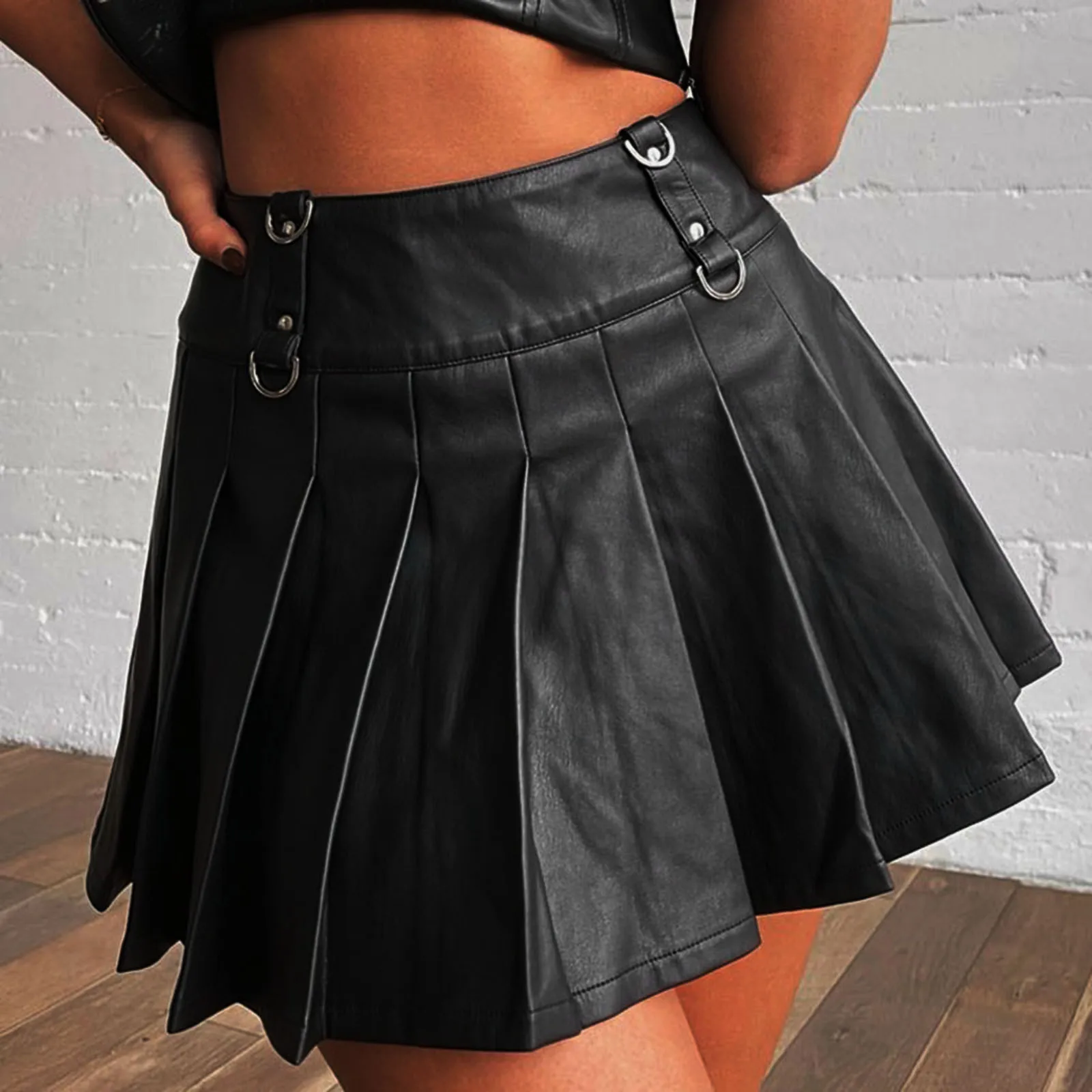 

Skirts Women Pleated High Waist Y2k Girls Solid Casual Streetwear Gothic Trendy Novelty Sexy PU Leather Mini A-line Skirt